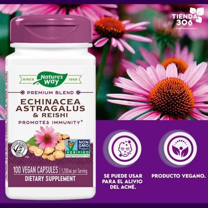 Nature's Way Echinacea Astragalus y Reishi 1,200 mg por servicio 100 Capsulas Veganas V3244 Nature's Way