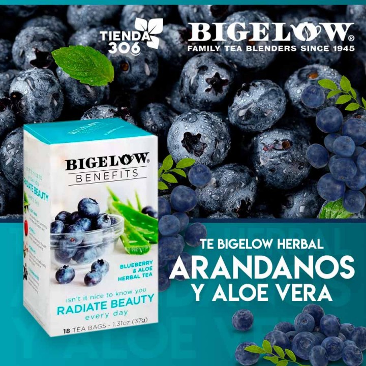 Té Bigelow Herbal Arándanos y Aloe Vera Libre de Cafeína 18 Bolsitas 37g T2051 BIGELOW