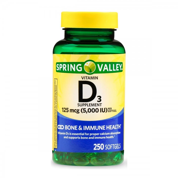SPRING VALLEY Vitamina D3 125 mcg (5,000 IU) 250 Capsulas Blandas V3087 SPRING VALLEY