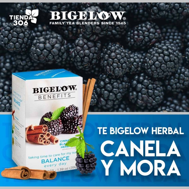 Té Bigelow Herbal Canela y Mora con Sabor Natural Libre de Cafeína 18 Bolsitas 39g T2010 BIGELOW