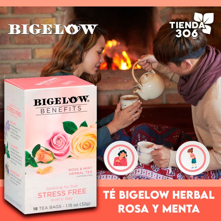 Té Bigelow Herbal Rosa y Menta Libre de Cafeína 18 Bolsitas 32g T2077 BIGELOW