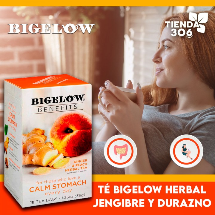 Té Bigelow Herbal Jengibre Durazno con Sabor Natural Libre de Cafeína y 18 Bolsitas 38g T2078 BIGELOW