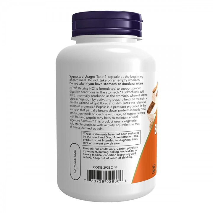 Now Betaína HCl 648 mg 120 Cápsulas V3352 Now Nutrition for Optimal Wellness