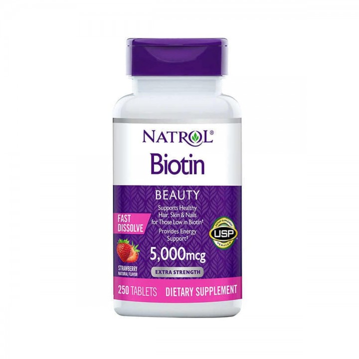 Natrol Biotina Sabor a Fresa 5,000 mcg 250 Tabletas Fácil Disolución V3363 Natrol