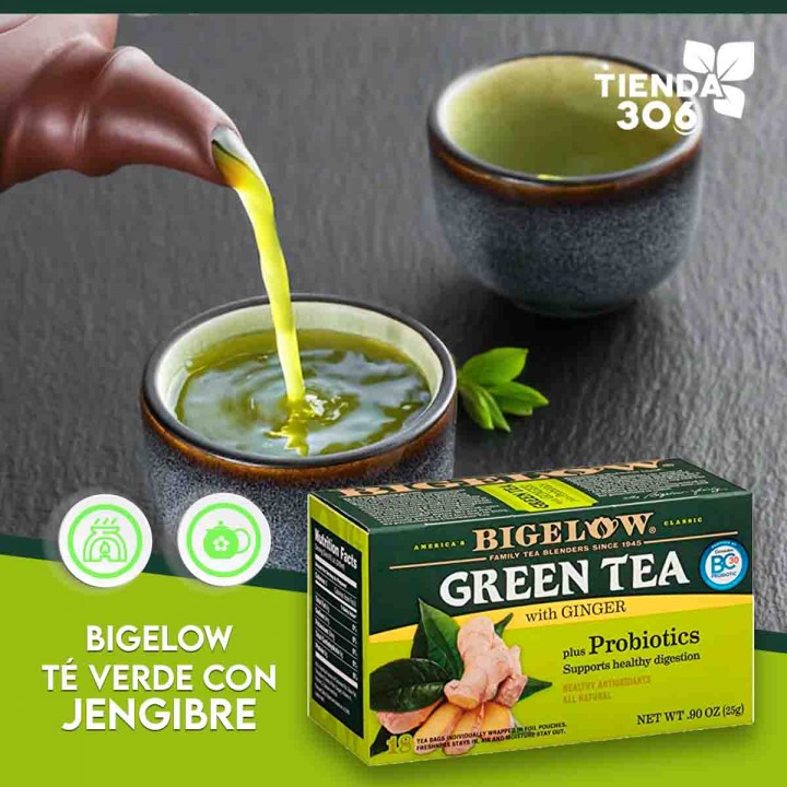 Bigelow Té Verde con Jengibre Mas Probioticos 18 Bolsitas 90 oz (25 g) T2108 BIGELOW