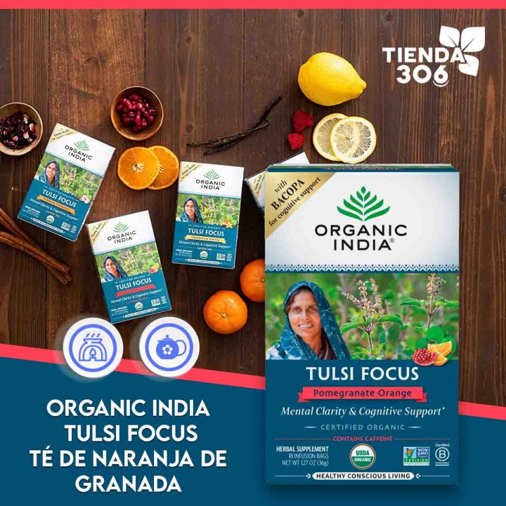 ORGANIC INDIA Tulsi Focus Té Herbal Naranja Granada 18 Bolsitas 36 g T2109 ORGANIC INDIA