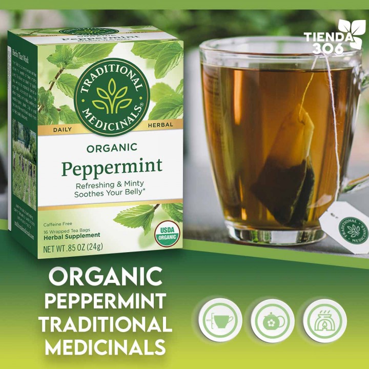 Traditional Medicinals Organic Té Herbal Peppermint Libre de Cafeína 16 Bolsitas .85 oz. (24g) T2117 TRADITIONAL MEDICINALS