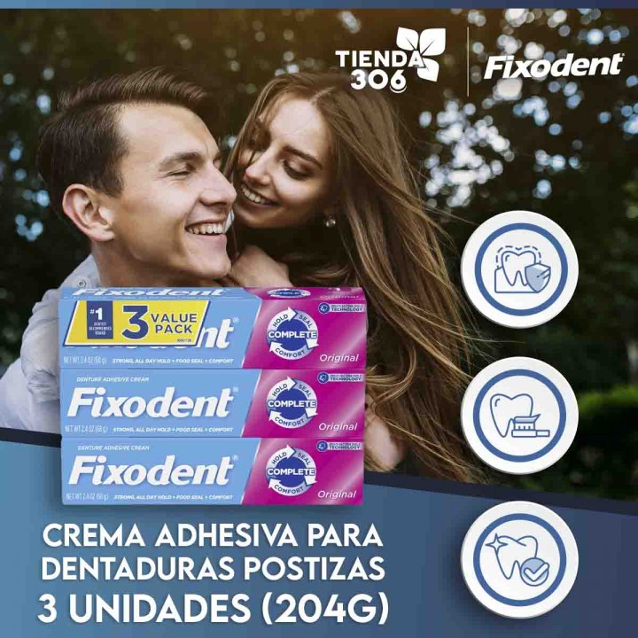 Crema Adhesiva Para Dentaduras Postizas Fixodent Original Por 3 Unidades (204g) C1066 FIXODENT