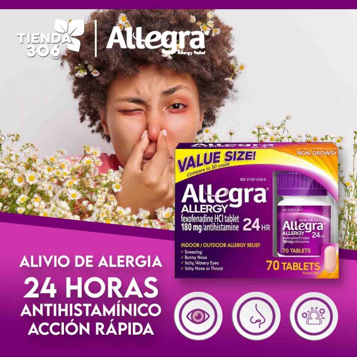 Allegra Alergia Alivio 24 horas 180 mg Antihistamínico Acción Rápida 70 Tabletas V3392