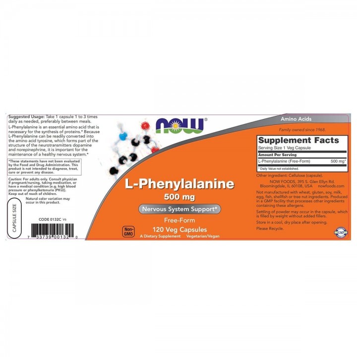 L-Phenylalanine - L-Fenilalanina - 500 mg Apoyo del Sistema Nervioso Now Foods 120 Capsulas Vegetales V3068 Now Nutrition for...