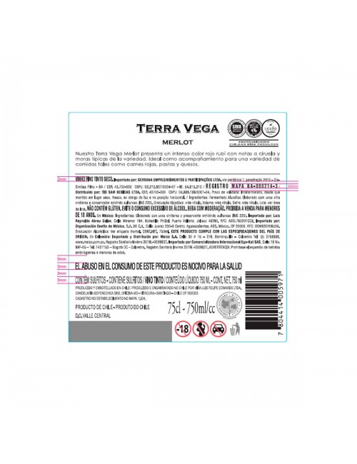Terra Vega Vino Tinto Merlot 750 Ml D1261 Terra Vega
