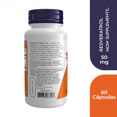 Now Resveratrol Natural 50 mg 60 Capsulas Vegetales V3419 Now Nutrition for Optimal Wellness