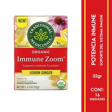 Traditional Medicinals Organic Te Immune Zoom Limon y Jengibre Libre de Cafeína, 16 Bolsitas 32g T2136 TRADITIONAL MEDICINALS