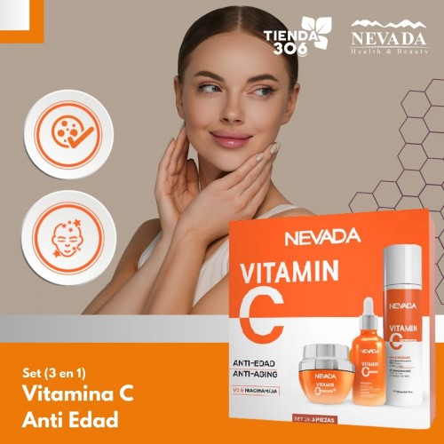 Nevada Vitamina C Set 3 Piezas ANTI-EDAD: Serum Facial 50ml + Crema Dia 50g + Agua Micelar 150ml C1235 Nevada Natural Products