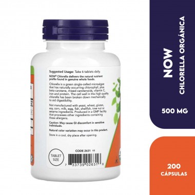 Now Chlorella orgánica 500 mg 200 Tabletas V3370 Now Nutrition for Optimal Wellness