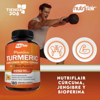 Nutriflair Premium Turmeric Curcumina con Jengibre + Bioperina Mobilidad Articular 2250 mg 180 Capsulas V3264 Nutriflair