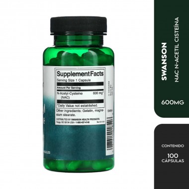 Swanson NAC N-Acetyl Cysteine Soporte Hepático Respiratorio Antioxidante 600 mg 100 Capsulas V3195 SWANSON