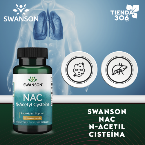 Swanson NAC N-Acetyl Cysteine Soporte Hepático Respiratorio Antioxidante 600 mg 100 Capsulas V3195 SWANSON