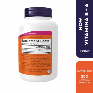 Now Vitamina B-6 Soporte Cardiovascular 100 mg 250 Cápsulas V3169 Now Nutrition for Optimal Wellness