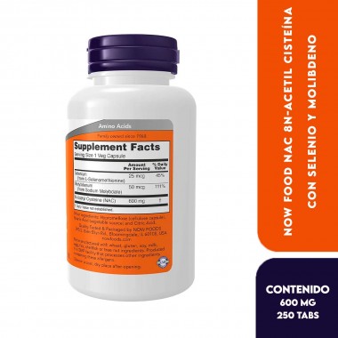 Now NAC (N-Acetil Cisteína) 600 mg con Selenio y Molibdeno, 250 Cápsulas Vegetales V3475 Now Nutrition for Optimal Wellness
