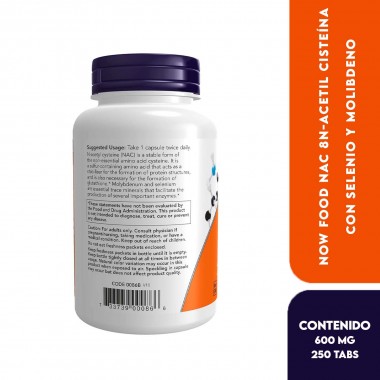 Now NAC (N-Acetil Cisteína) 600 mg con Selenio y Molibdeno, 250 Cápsulas Vegetales V3475 Now Nutrition for Optimal Wellness