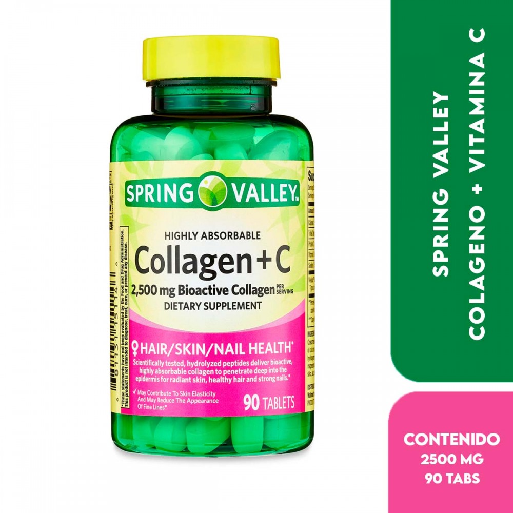 Spring Valley Colágeno Altamente Absorbible + Vitamina C, Salud del Cabello, Piel y Uñas 2,500 mg 90 Tabletas V3278 SPRING VA...