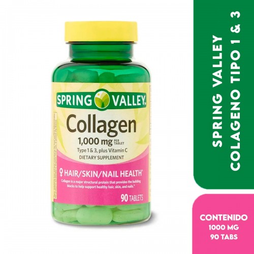 Spring Valley Colágeno Tipo 1 & 3 + Vitamina C, Salud del Cabello, Piel y Uñas 1,000 mg 90 Tabletas V3430 SPRING VALLEY