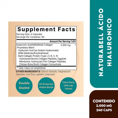 Naturebell Ácido Hialurónico 2000 mg por Porción con MSM y Colágeno Múltiple Soporte 3 en 1, 240 Cápsulas V3174 Naturebell