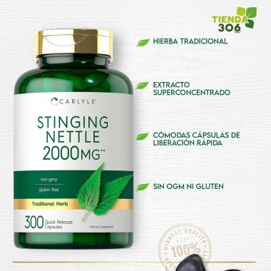 Carlyle Extracto de Hoja de Ortiga, 2000 mg Suplemento Herbal Sin OMG, Sin Gluten 300 Cápsulas de Liberación Rápida V3487 CAR...