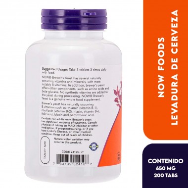 Now Levadura de Cerveza, Brewer's Yeast 650 mg comprimidos 200 Tabletas V3167 Now Nutrition for Optimal Wellness