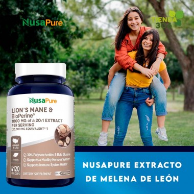 NusaPure Extracto de Melena de León Orgánica + Bioperina 20,000 mg 120 Cápsulas Vegetarianas V3480 Nusa Pure