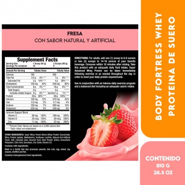 Body Fortress Whey Protein Proteína de Suero en Polvo sabor a Fresa 1.78 Libras (810 g) V3236 BODY FORTRESS
