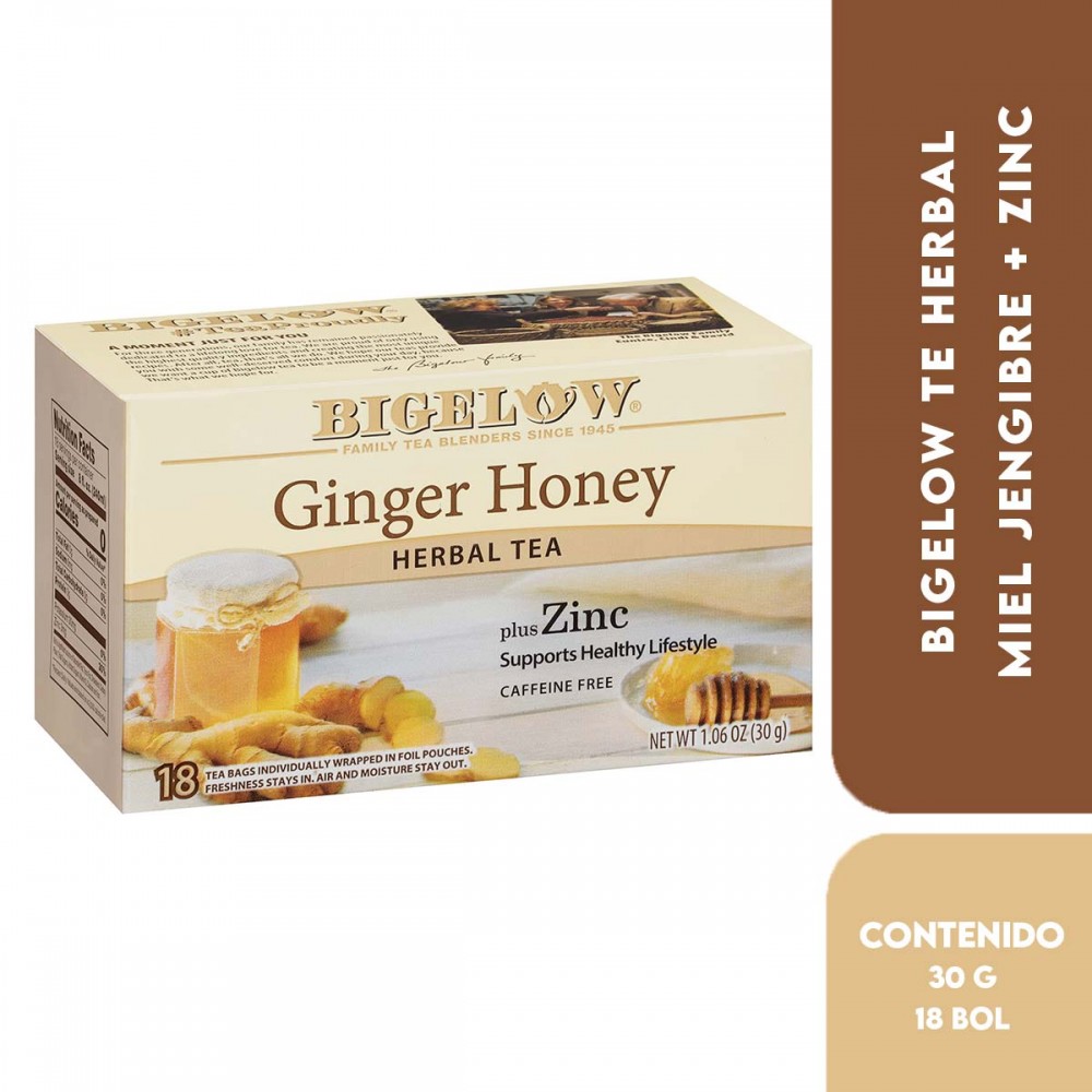 Bigelow Té Herbal Caffeine Free Miel Jengibre + Zinc - Ginger Honey Plus Zinc 18 Bolsitas 1.06 oz (30 g) T2162 BIGELOW
