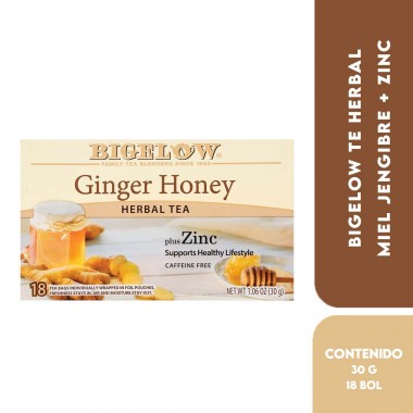 Bigelow Te Herbal Caffeine Free Miel Jengibre + Zinc - Ginger Honey Plus Zinc 18 Bolsitas (30 g) T2162 BIGELOW