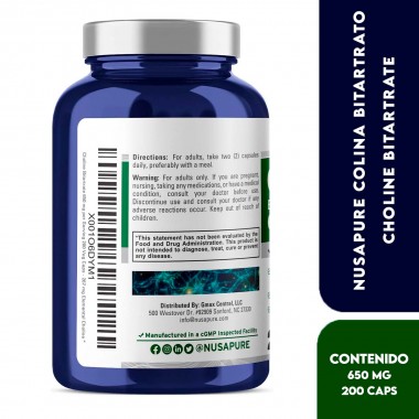 Nusapure Colina Bitartrato - Choline Bitartrate 650 mg Sin Gmo Libre de Gluten 200 Cápsulas Vegetarianas V3513 Nusa Pure