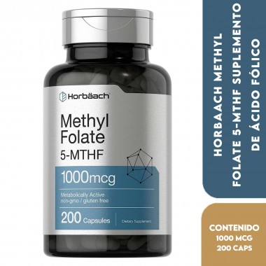 Horbaach Methyl Folate 5-MTHF Suplemento de Ácido fólico, Metilfolato 1000 mcg 200 Cápsulas V3509 Horbaach