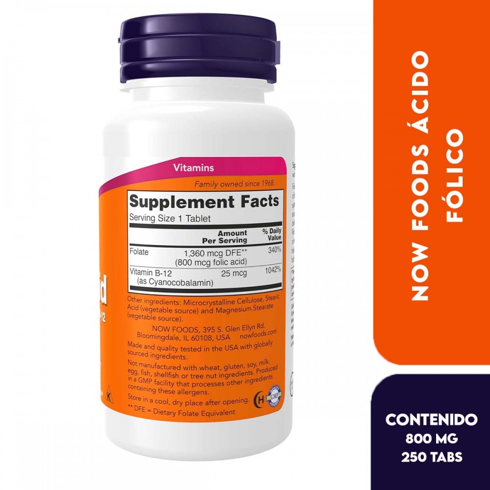 Ácido fólico 1 mg (180 tabletas) Marca: Natural Factors