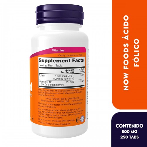 Now Ácido Fólico 800 mcg + B-12 (Cianocobalamina) 25 mcg, Vitamina del Complejo B, 250 Tabletas Veganas V3168 Now Nutrition f...