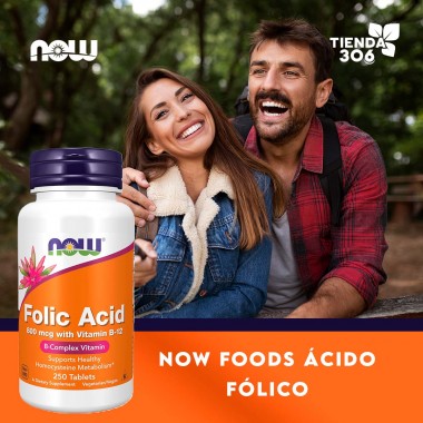 Now Ácido Fólico 800 mcg + B-12 (Cianocobalamina) 25 mcg, Vitamina del Complejo B, 250 Tabletas Veganas V3168 Now Nutrition f...