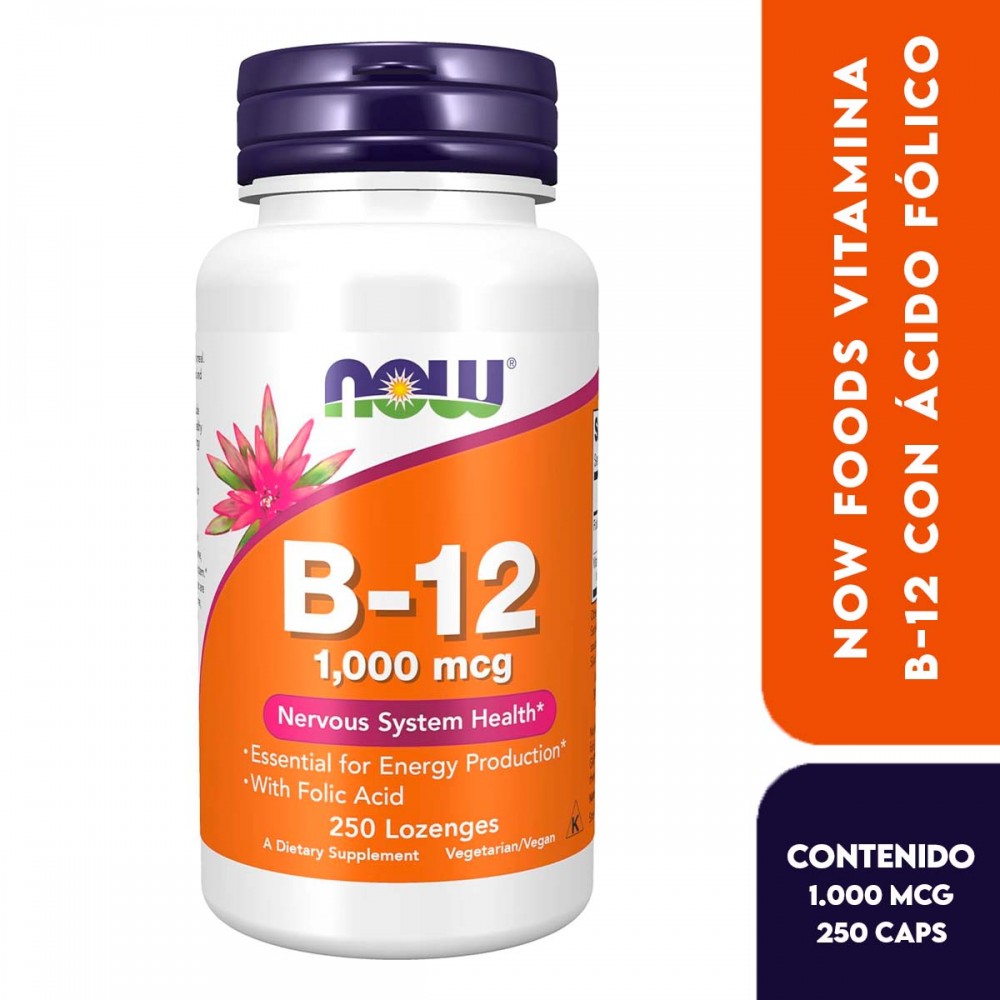 Now Vitamina B-12 con Ácido Fólico (Vitamin B-12 With Folic Acid) 1,000 mcg 250 Pastillas Veganas V3170 Now Nutrition for Opt...