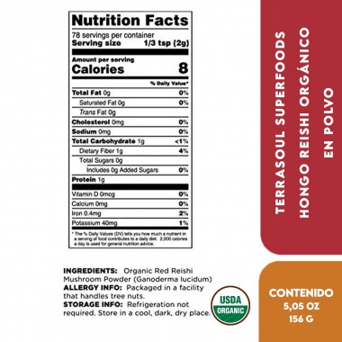 Terrasoul Superfoods Hongo Reishi Orgánico en Polvo (Extracto 4:1) Estimulación Inmune USA Organic 5.05 oz (156 g) V3400 TERR...