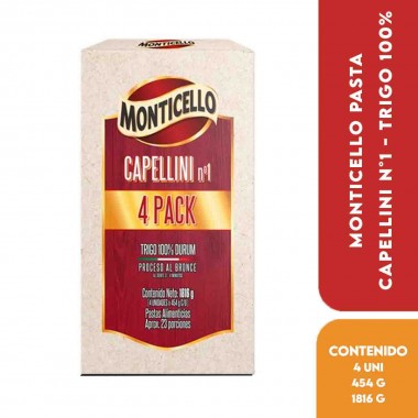 Monticello Pasta Capellini N°1 - Trigo 100% - Pack de 4 Unidades x 454 g c/u Total 1816 g (23 Porciones Aprox.) D1355 Monticello