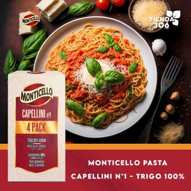 Monticello Pasta Capellini N°1 - Trigo 100% - Pack de 4 Unidades x 454 g c/u Total 1816 g (23 Porciones Aprox.) D1355 Monticello