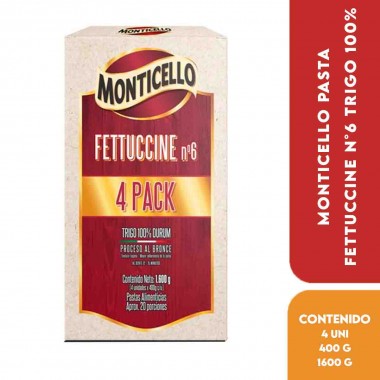 Monticello Pasta Fettuccine N°6 Trigo 100% - Pack de 4 Unidades x 400 g c/u Total 1600 g (20 Porciones Aprox.) D1356 Monticello