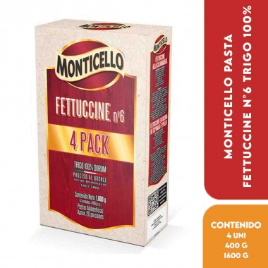 Monticello Pasta Fettuccine N°6 Trigo 100% - Pack de 4 Unidades x 400 g c/u Total 1600 g (20 Porciones Aprox.) D1356 Monticello