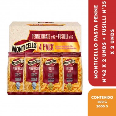 Monticello Pasta Penne N°42 x 2 Unds + Fusilli N°35 x 2 Unds - Pack de 4 Unids x 500 g c/u Total 2000 g (25 Porciones Aprox.)...