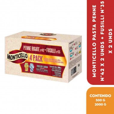 Monticello Pasta Penne N°42 x 2 Unds + Fusilli N°35 x 2 Unds - Pack de 4 Unids x 500 g c/u Total 2000 g (25 Porciones Aprox.)...