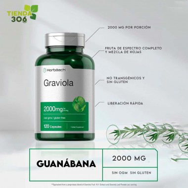 Horbaach Extracto de Graviola - Graviola Extract Sin-GMO Libre de Gluten 2000 mg 120 Cápsulas V3516 Horbaach