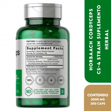 Horbaach Cordyceps Mushroom Suplemento Herbal 1800 mg por Servicio 200 Cápsulas V3360 Horbaach