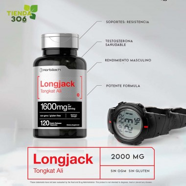 Horbaach Longjack Tongkat Ali - Extracto de Raíz de Longifolia 1600 mg por Servicio 120 Cápsulas de Liberación Rápida V3445 H...